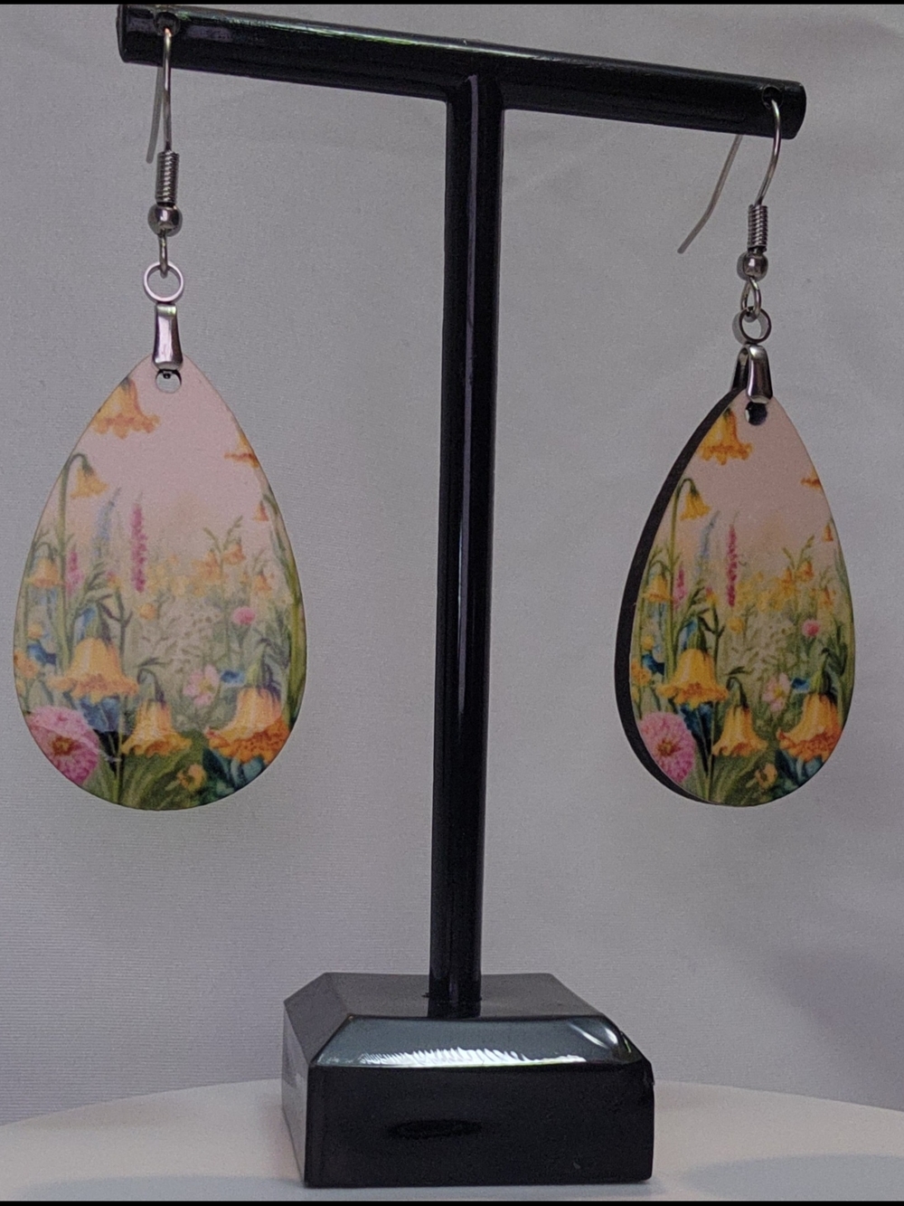 Daffodil Teardrop Dangle Earrings - Pink & Yellow Garden Print